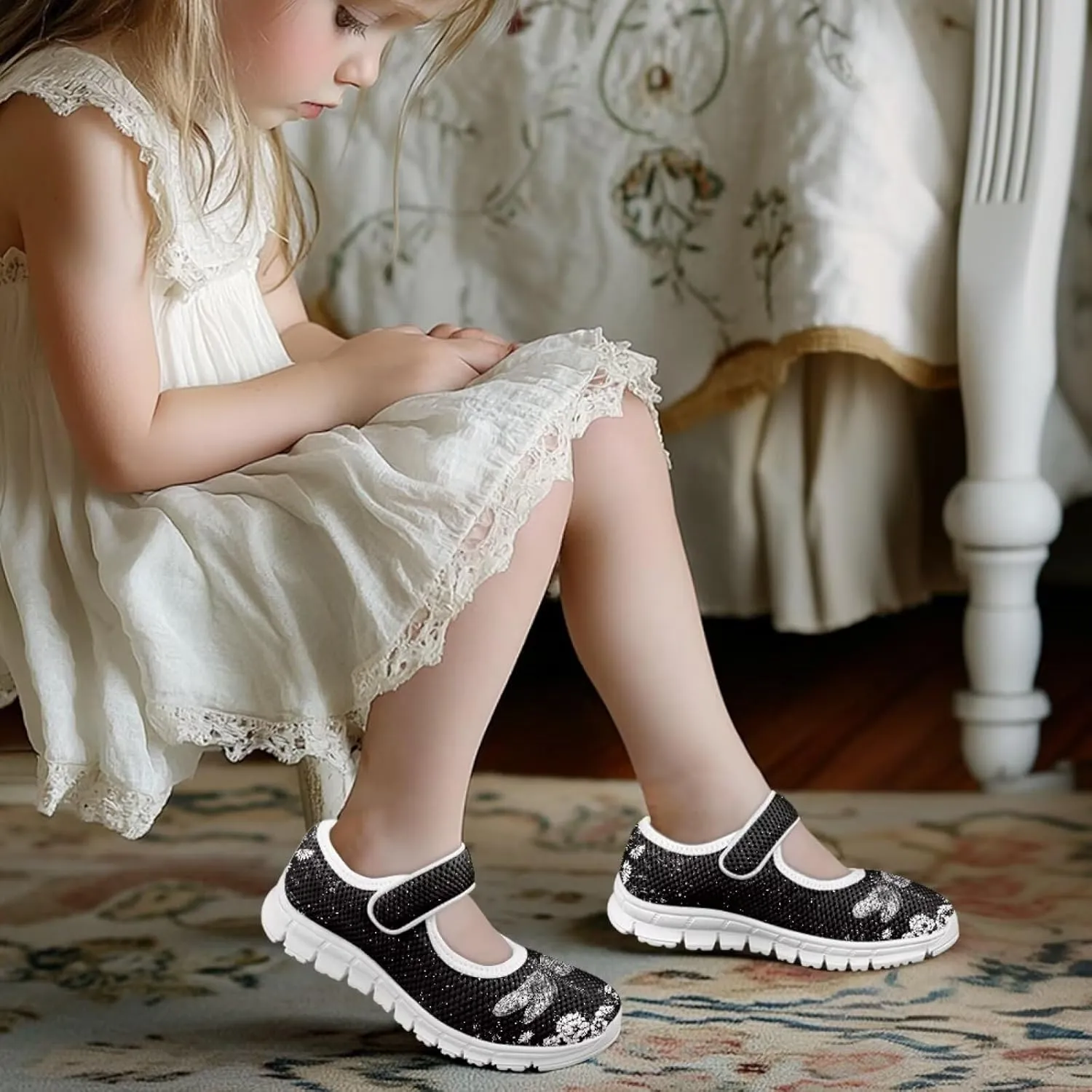 Cute Animals Print Girls Mary Jane Shoes Mesh School Sneaker Toddler Breathable Dress Shoes for Hiking Camping Travel
