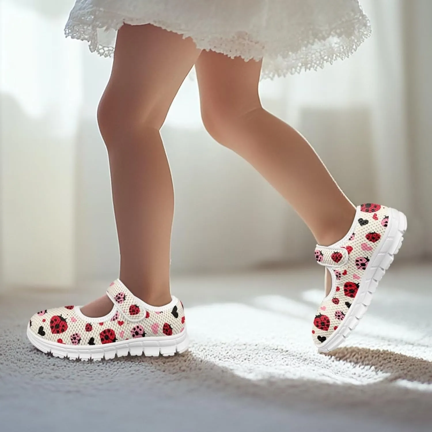 Cute Animals Print Girls Mary Jane Shoes Mesh School Sneaker Toddler Breathable Dress Shoes for Hiking Camping Travel