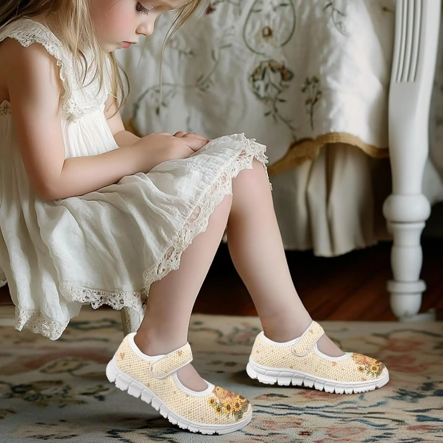 Cute Animals Print Girls Mary Jane Shoes Mesh School Sneaker Toddler Breathable Dress Shoes for Hiking Camping Travel