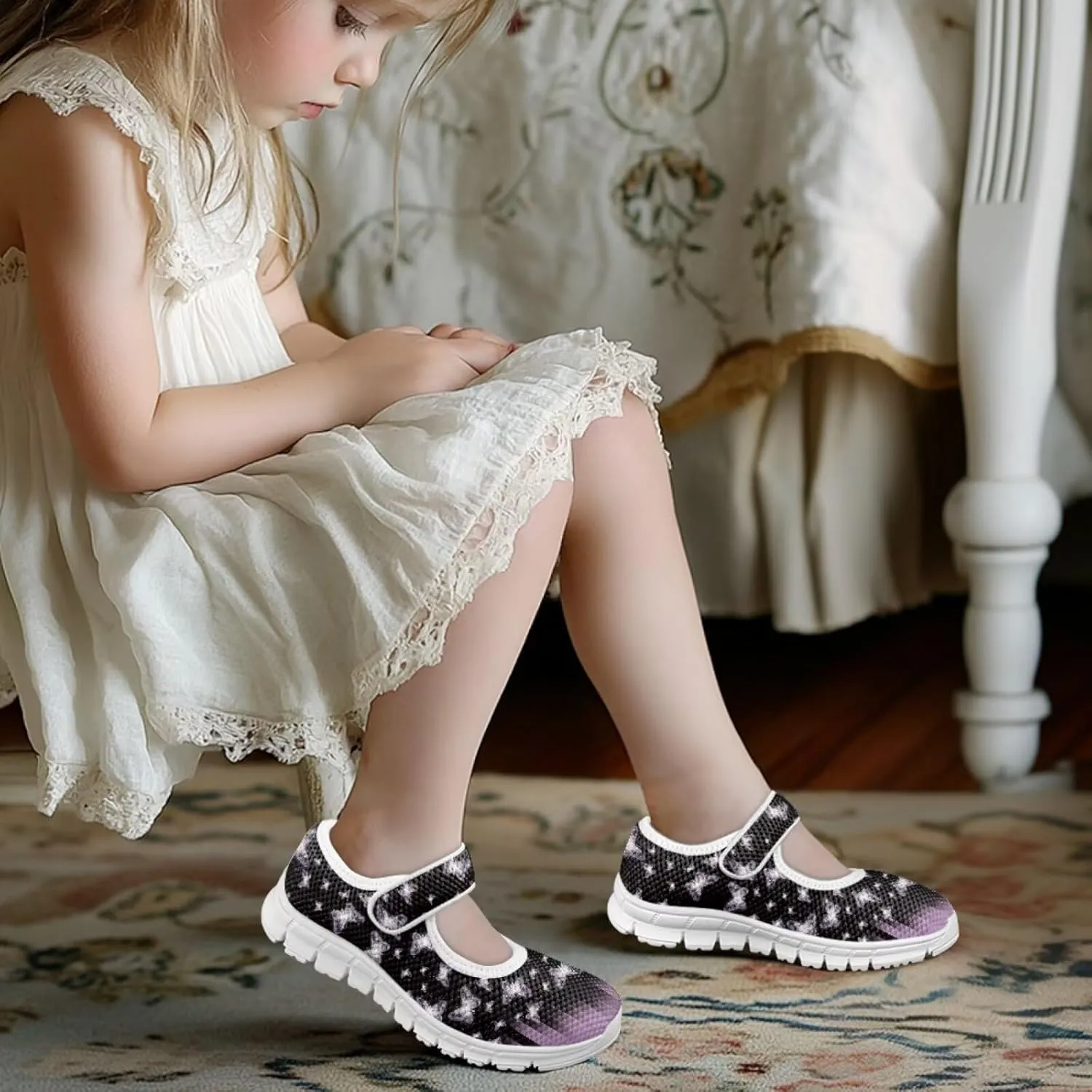 Cute Animals Print Girls Mary Jane Shoes Mesh School Sneaker Toddler Breathable Dress Shoes for Hiking Camping Travel