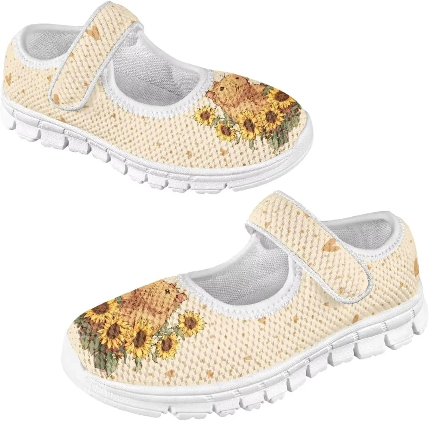 Cute Animals Print Girls Mary Jane Shoes Mesh School Sneaker Toddler Breathable Dress Shoes for Hiking Camping Travel