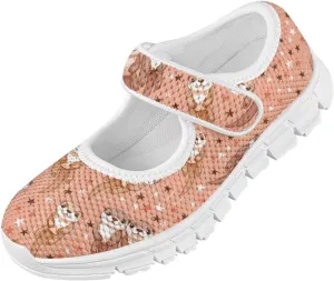 Cute Animals Print Girls Mary Jane Shoes Mesh School Sneaker Toddler Breathable Dress Shoes for Hiking Camping Travel