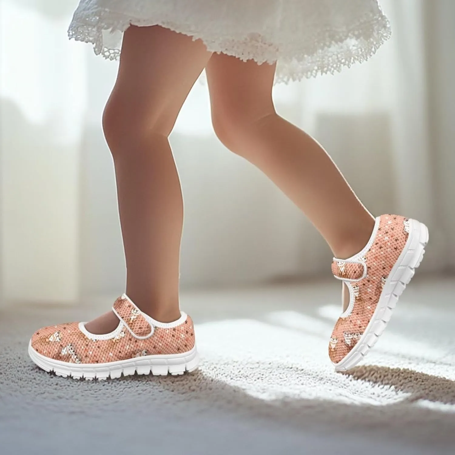 Cute Animals Print Girls Mary Jane Shoes Mesh School Sneaker Toddler Breathable Dress Shoes for Hiking Camping Travel