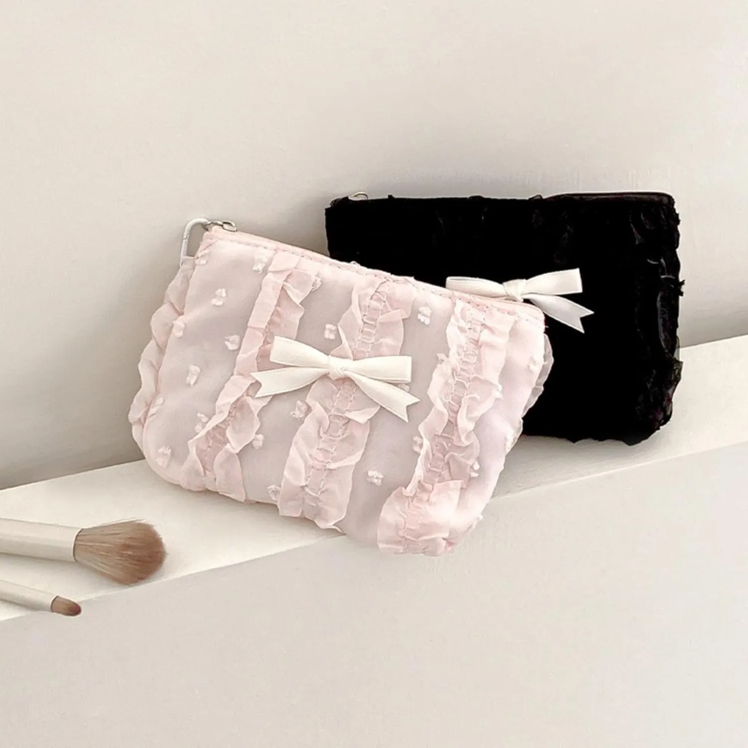 Cute Makeup Bag Lace Bow Patchwork Storage Bag Travel Make Up Organizer Bag Handbag Large Wallet Bag (Pink)