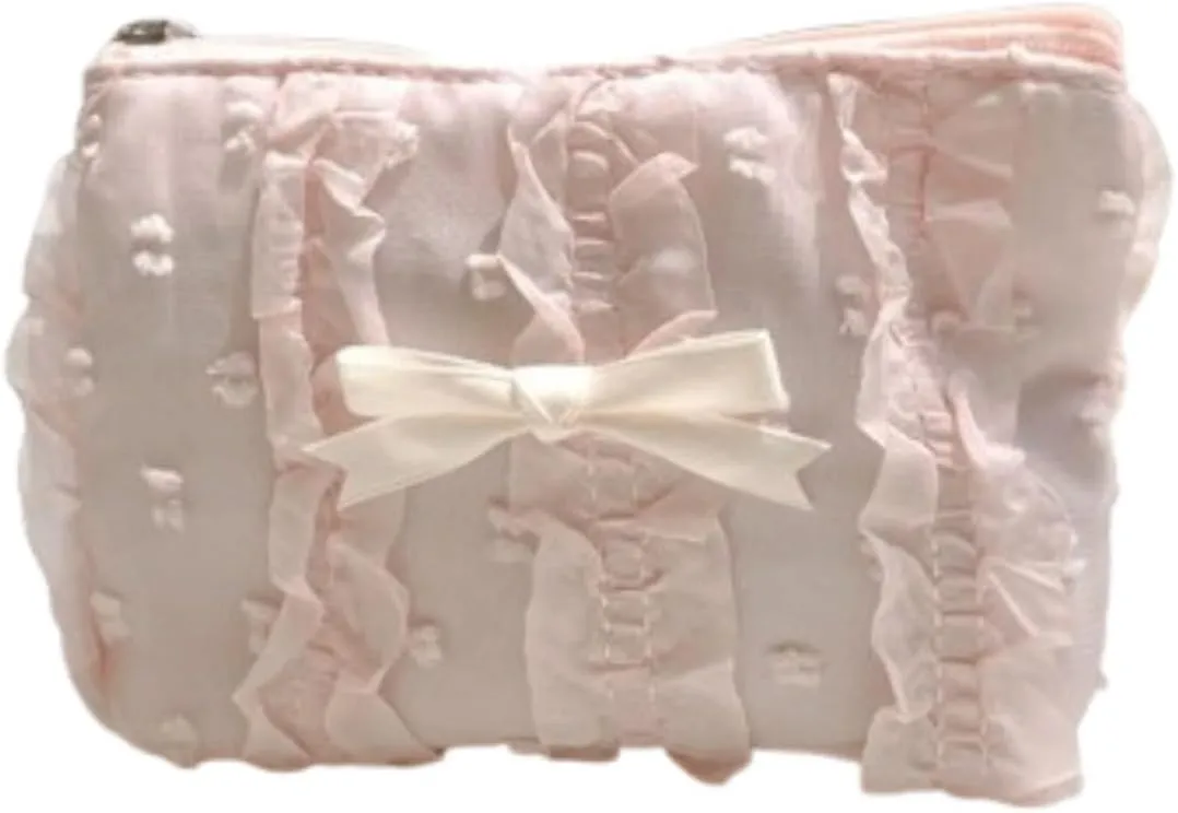 Cute Makeup Bag Lace Bow Patchwork Storage Bag Travel Make Up Organizer Bag Handbag Large Wallet Bag (Pink)