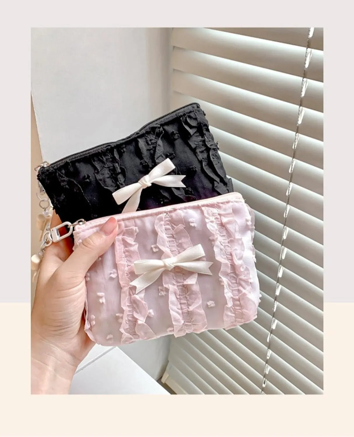 Cute Makeup Bag Lace Bow Patchwork Storage Bag Travel Make Up Organizer Bag Handbag Large Wallet Bag (Pink)