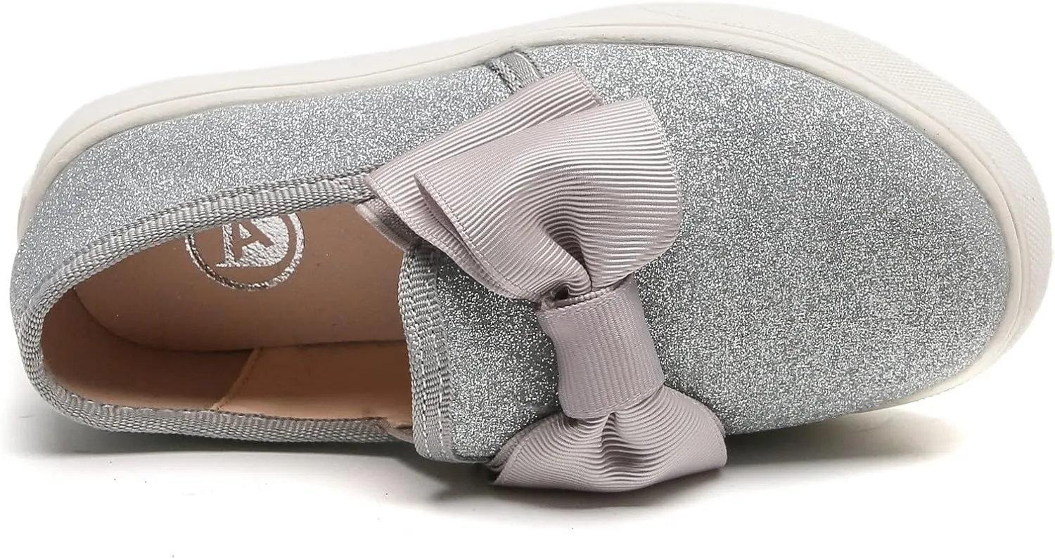 DADAWEN Girls Slip On Glitter Sneakers Cute Bow Lazy Tennis Shoes Loafers for Little Girls(Toddler/Little Kid/Big Kid)