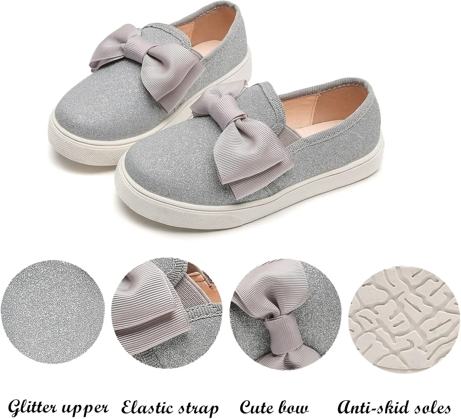 DADAWEN Girls Slip On Glitter Sneakers Cute Bow Lazy Tennis Shoes Loafers for Little Girls(Toddler/Little Kid/Big Kid)