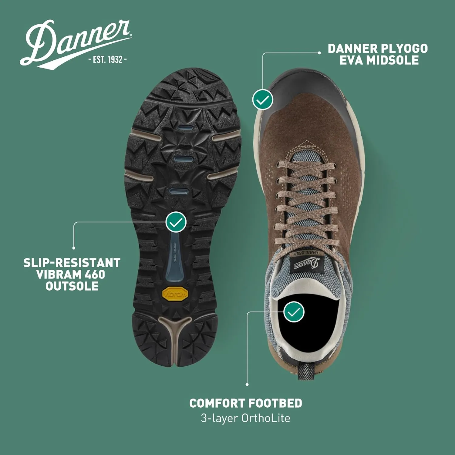 Danner Trail 2650 3” Waterproof Hiking Shoes for Men - Durable Leather & Textile Upper with Breathable Gore-Tex Lining and Vibram Traction Outsole