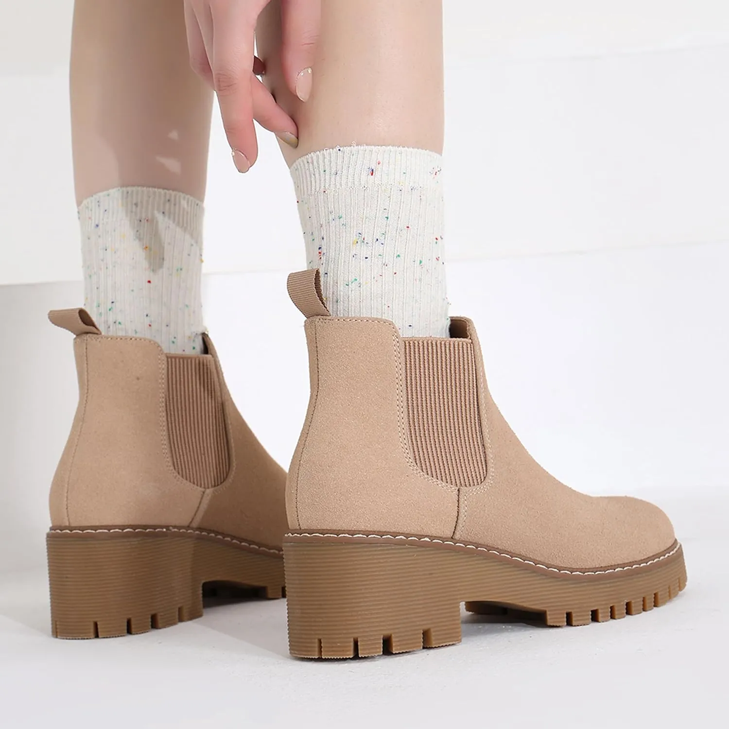 DECARSDZ Womens Chunky Platform Chelsea Boot With Elastic Low Wedge Heel Slip On For Fall Work Suede Leather Classic Style Ankle Boots Women