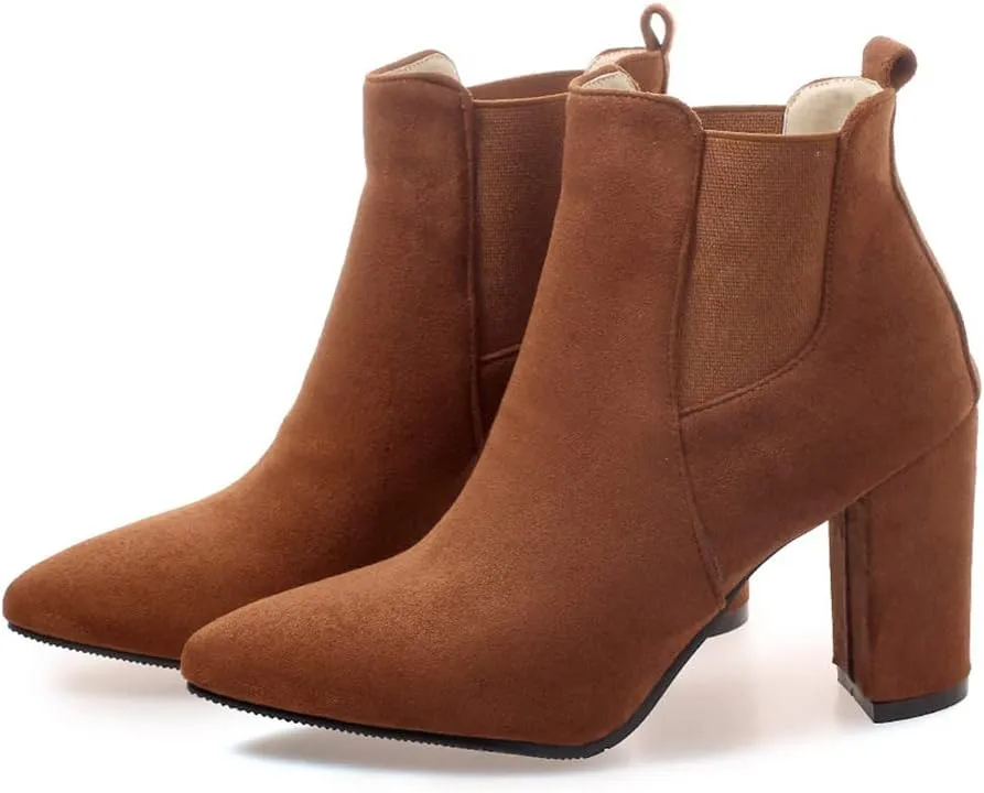 DEERBUNNY Classic Women's Ankle Boots Suede Block Heels Pointed Toe Short Booties Elastic Slip On Party Dress Boots