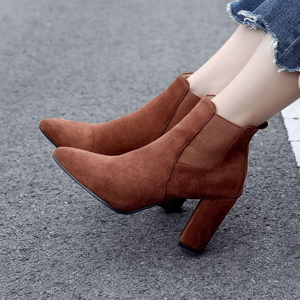 DEERBUNNY Classic Women's Ankle Boots Suede Block Heels Pointed Toe Short Booties Elastic Slip On Party Dress Boots