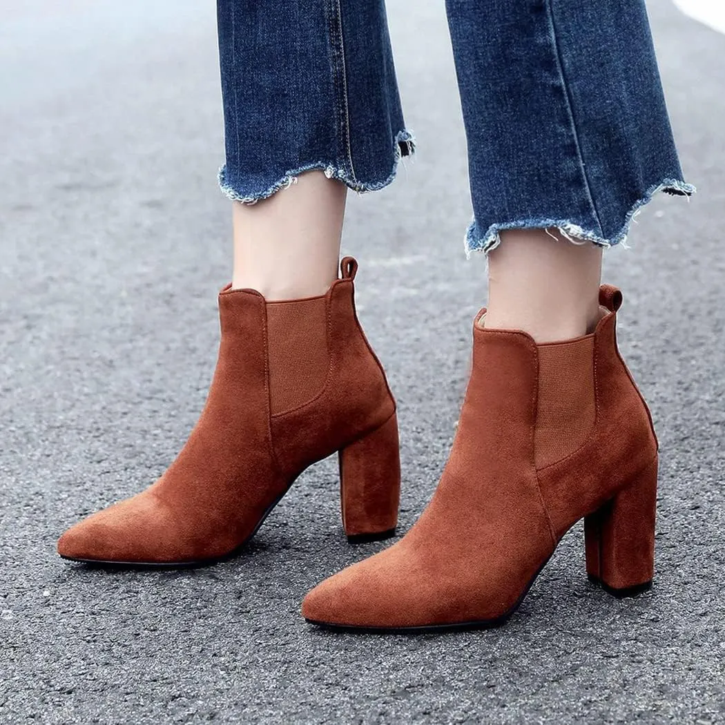 DEERBUNNY Classic Women's Ankle Boots Suede Block Heels Pointed Toe Short Booties Elastic Slip On Party Dress Boots