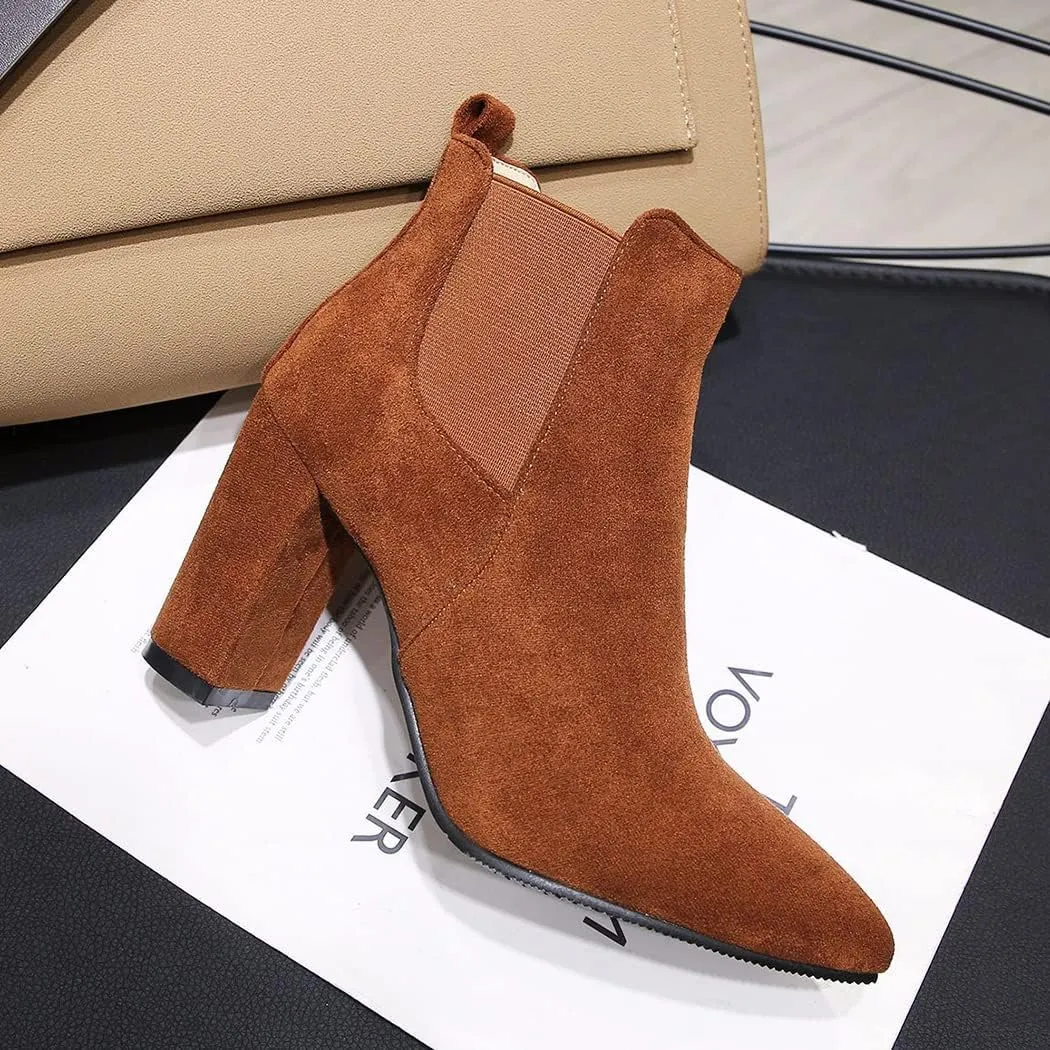 DEERBUNNY Classic Women's Ankle Boots Suede Block Heels Pointed Toe Short Booties Elastic Slip On Party Dress Boots
