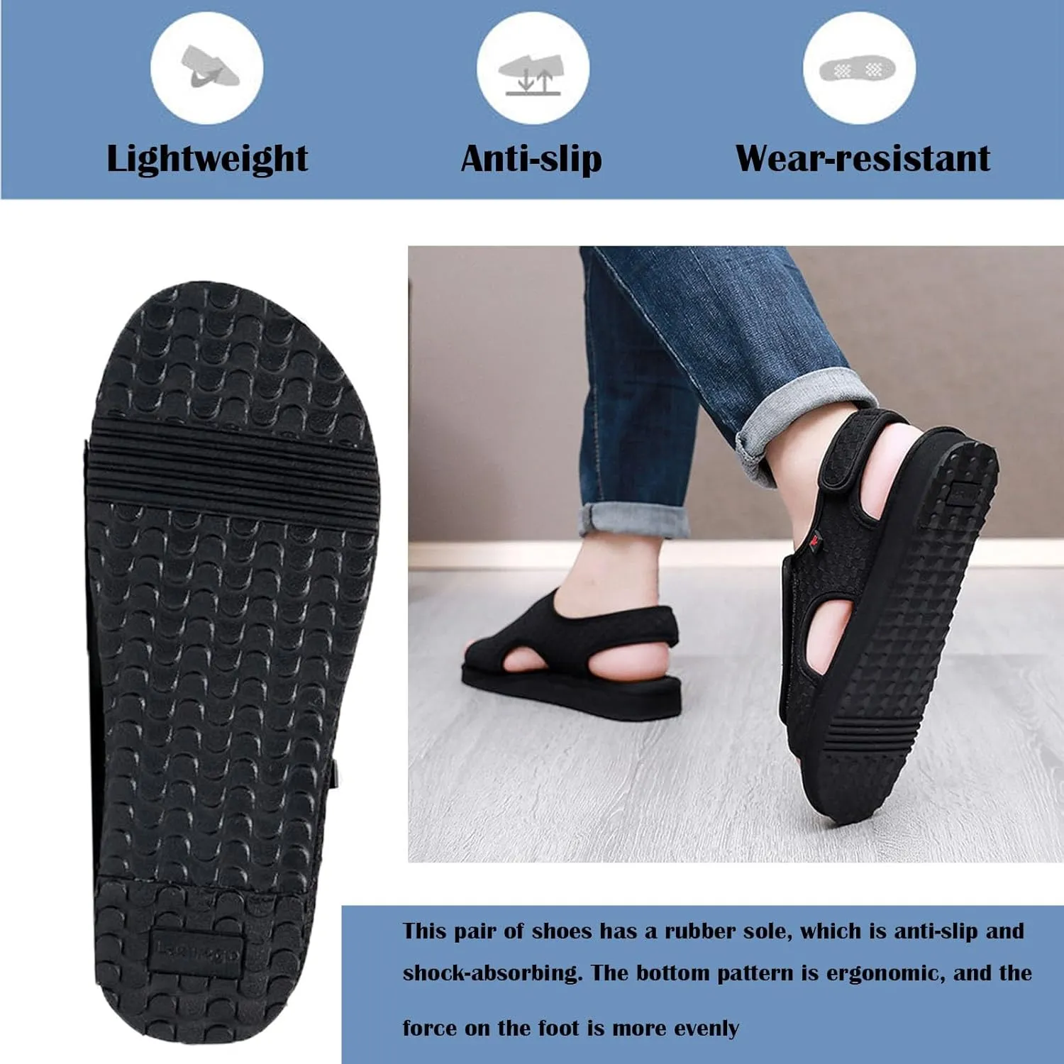 Diabetic Shoes Upper Can be Fully Opened and Adjustable Suitable for Fat Wide and Swollen Feet Summer, Black (Men 7.5)