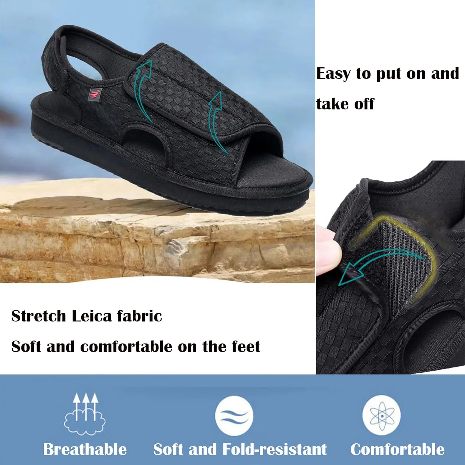 Diabetic Shoes Upper Can be Fully Opened and Adjustable Suitable for Fat Wide and Swollen Feet Summer, Black (Men 7.5)