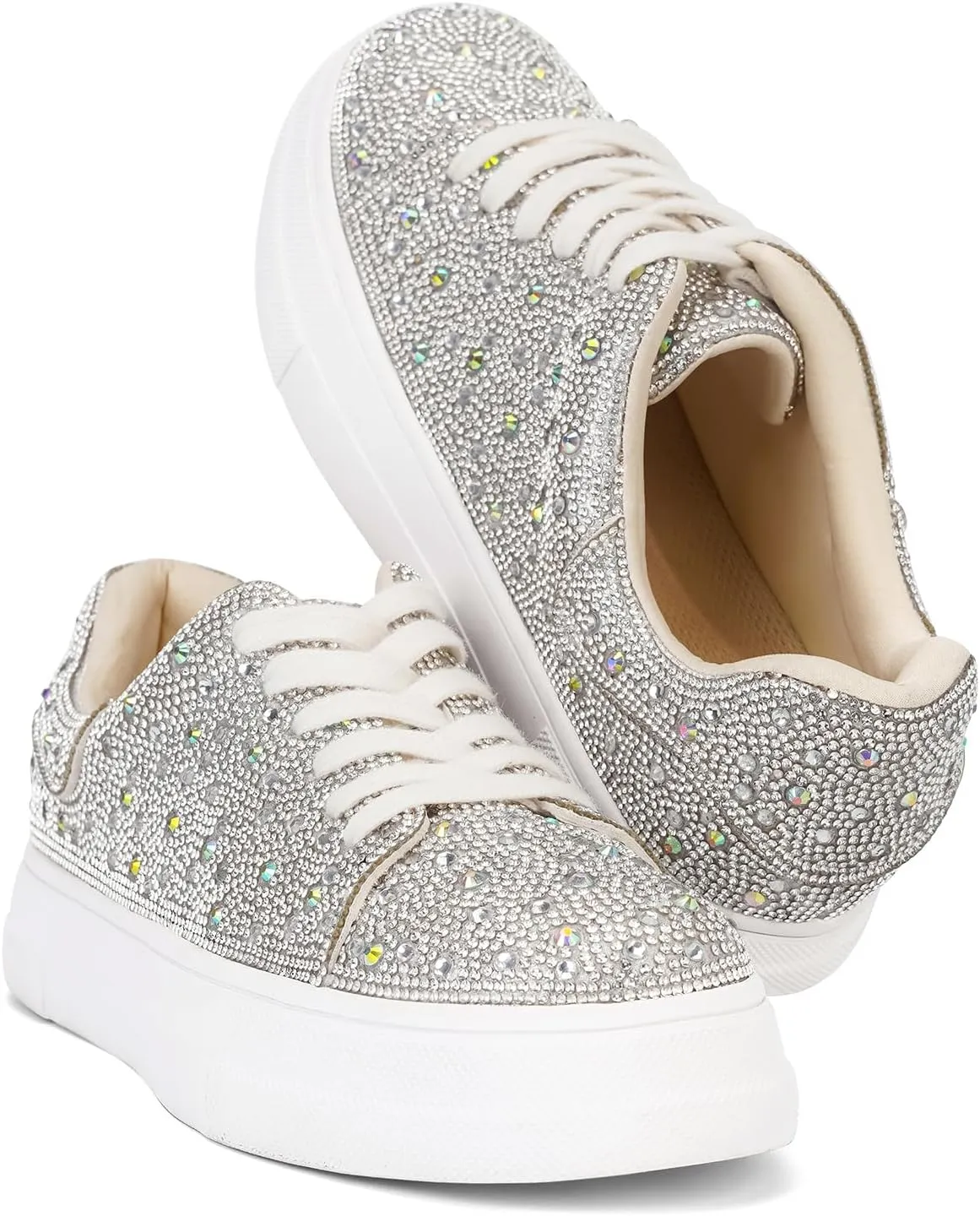 DOEYG Glitter Rhinestone Sneakers for Women Sparkly Sneakers Bling Sequin Wedding Tennis Shoes for Bride Pearl Sneakers Shoes Dress Bridal Shoes