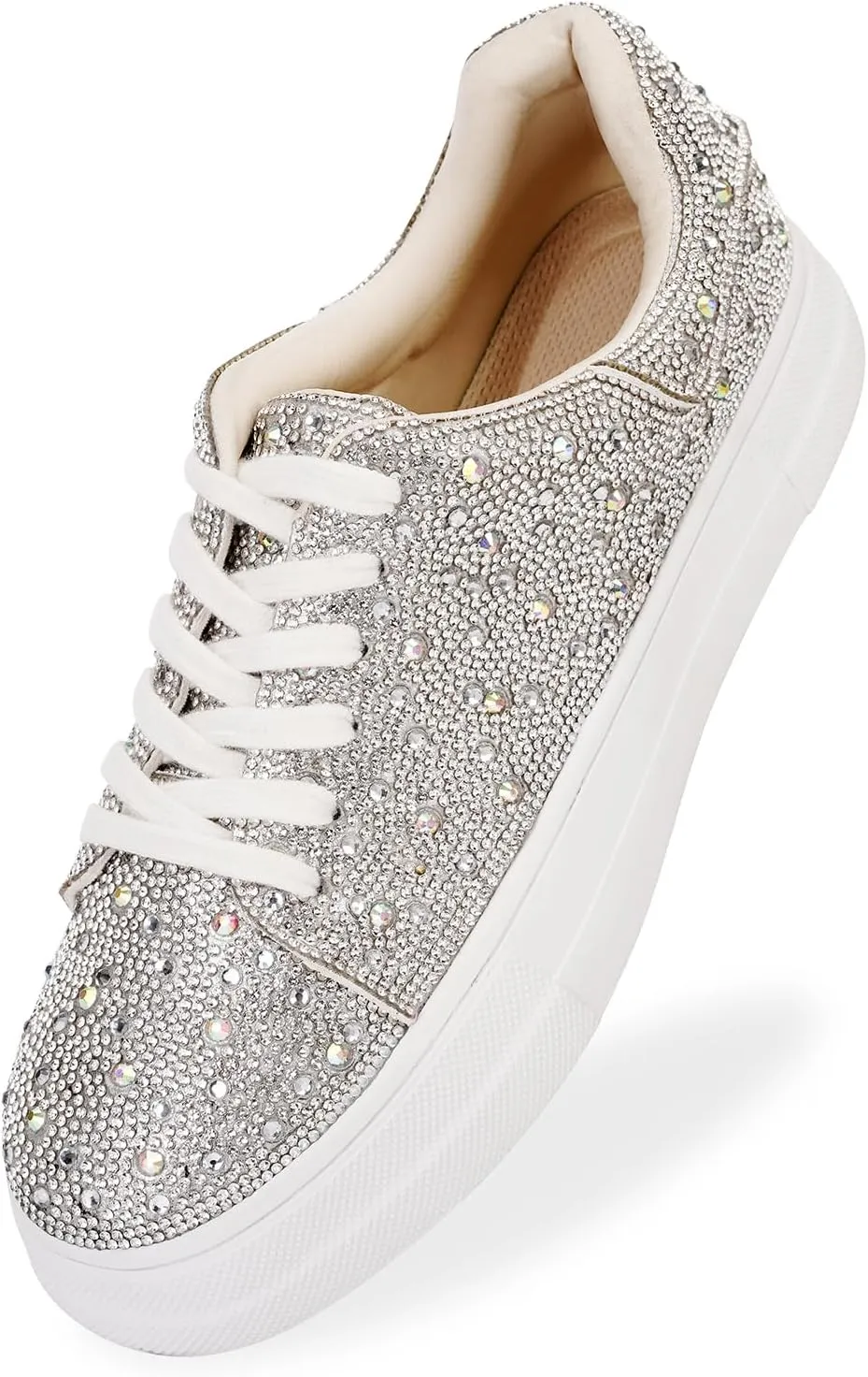 DOEYG Glitter Rhinestone Sneakers for Women Sparkly Sneakers Bling Sequin Wedding Tennis Shoes for Bride Pearl Sneakers Shoes Dress Bridal Shoes