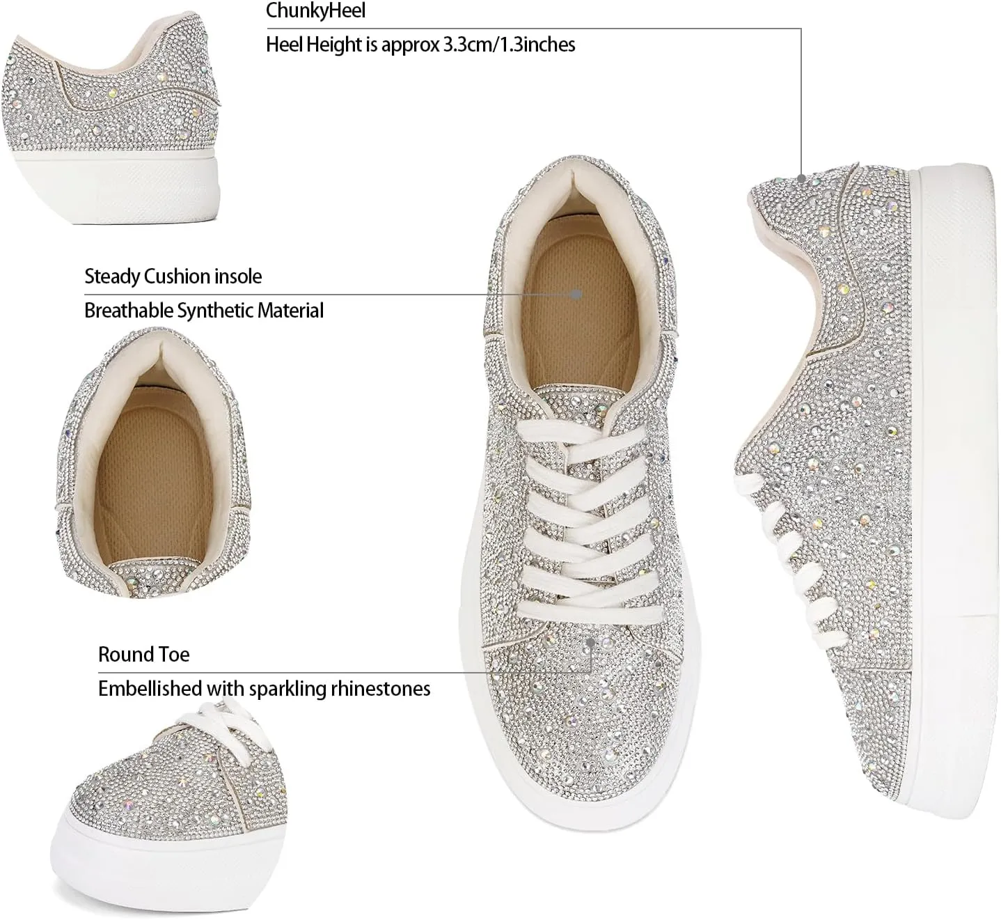 DOEYG Glitter Rhinestone Sneakers for Women Sparkly Sneakers Bling Sequin Wedding Tennis Shoes for Bride Pearl Sneakers Shoes Dress Bridal Shoes