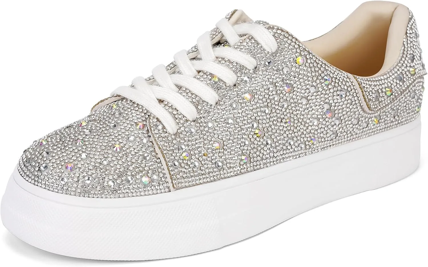 DOEYG Glitter Rhinestone Sneakers for Women Sparkly Sneakers Bling Sequin Wedding Tennis Shoes for Bride Pearl Sneakers Shoes Dress Bridal Shoes