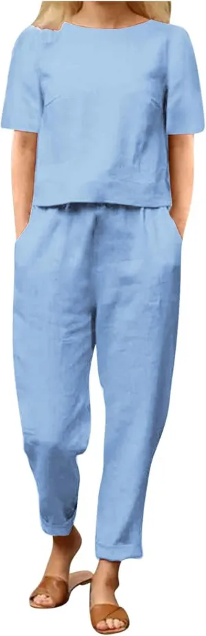 DOLKFU 2 Piece Outfits For Women Summer 2024 Plus Size Short Sleeve Linen Tops And Pants Tracksuits Matching Lounge Set