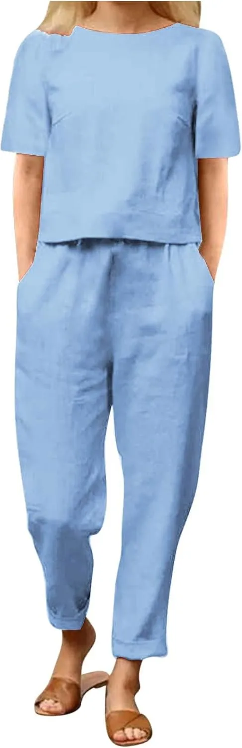 DOLKFU 2 Piece Outfits For Women Summer 2024 Plus Size Short Sleeve Linen Tops And Pants Tracksuits Matching Lounge Set