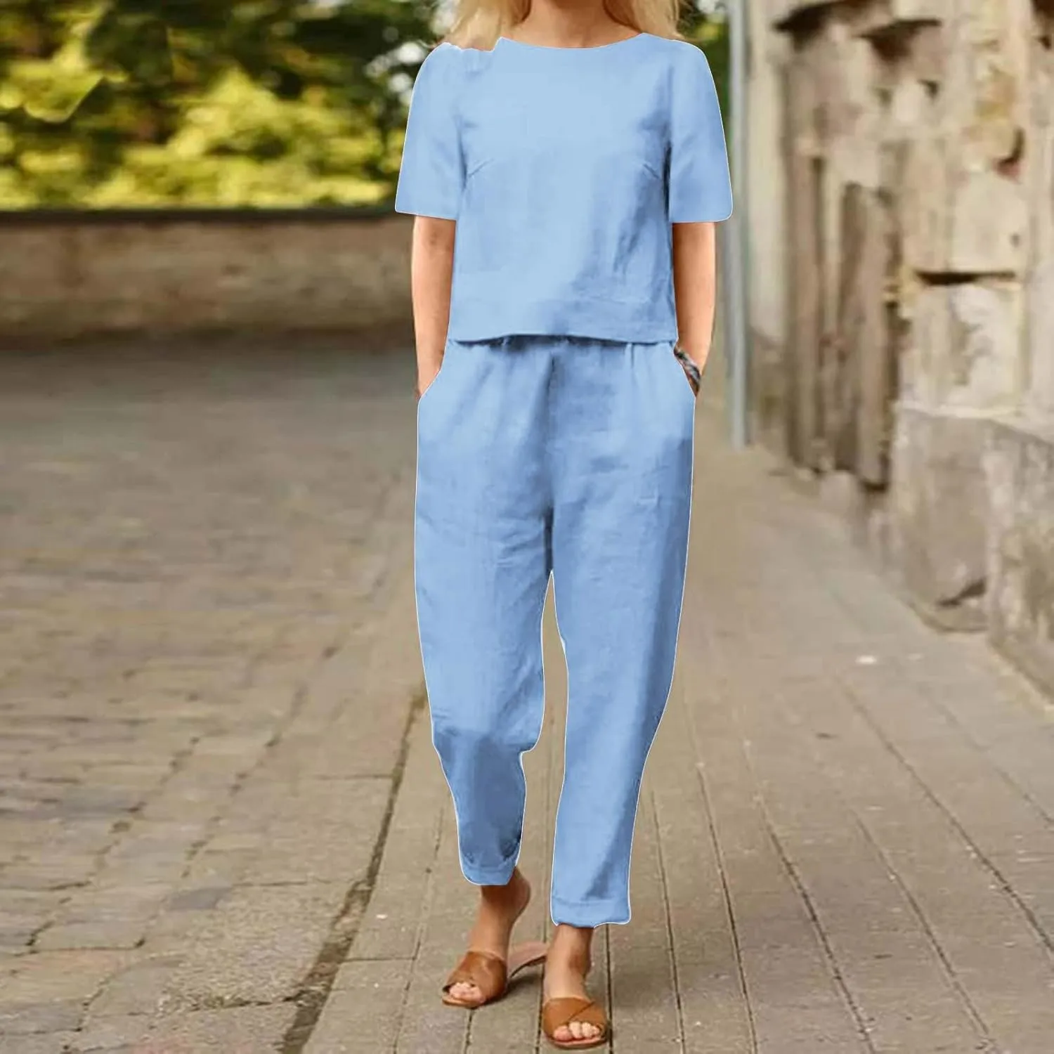 DOLKFU 2 Piece Outfits For Women Summer 2024 Plus Size Short Sleeve Linen Tops And Pants Tracksuits Matching Lounge Set