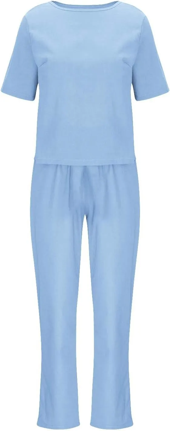 DOLKFU 2 Piece Outfits For Women Summer 2024 Plus Size Short Sleeve Linen Tops And Pants Tracksuits Matching Lounge Set