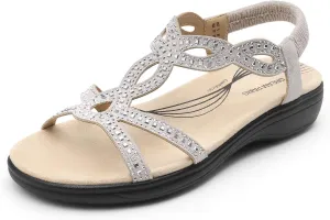 DREAM PAIRS Women's Comfort Dressy Rhinestone Summer Beach Sandals Slip-on Flat Walking Orthopedic Sandals with Elastica Back Strap