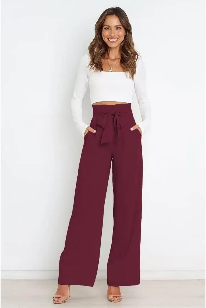 Dress Pants Women,Wide Leg Pants for Women,Smocked Waist Pants with Belt,Loose Straight Leg Flatting Pants