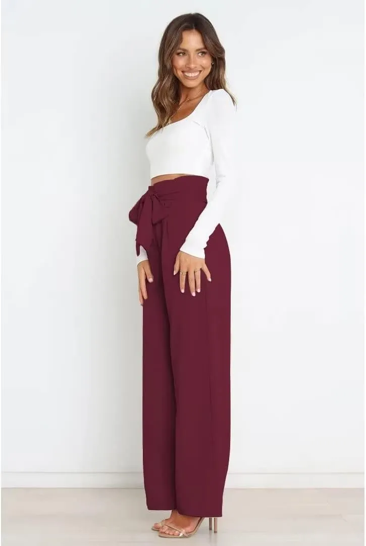 Dress Pants Women,Wide Leg Pants for Women,Smocked Waist Pants with Belt,Loose Straight Leg Flatting Pants