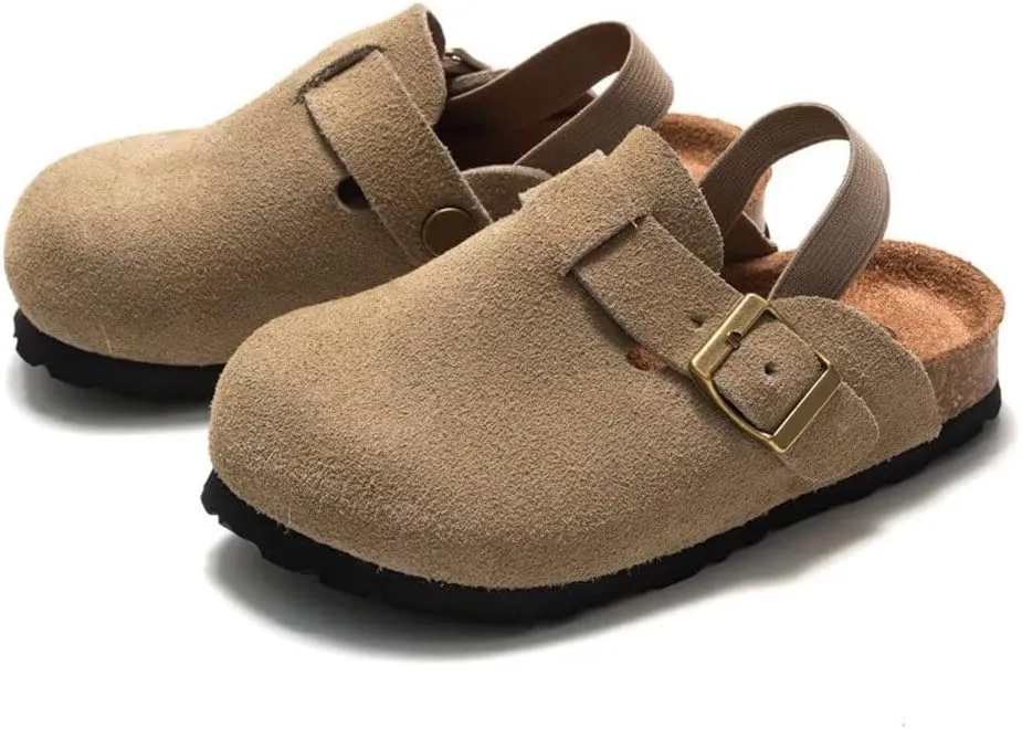dubuto Cork Suede Clogs for Toddler Kids Boys Girls Leather Mules Footbed Sandals Potato Slippers