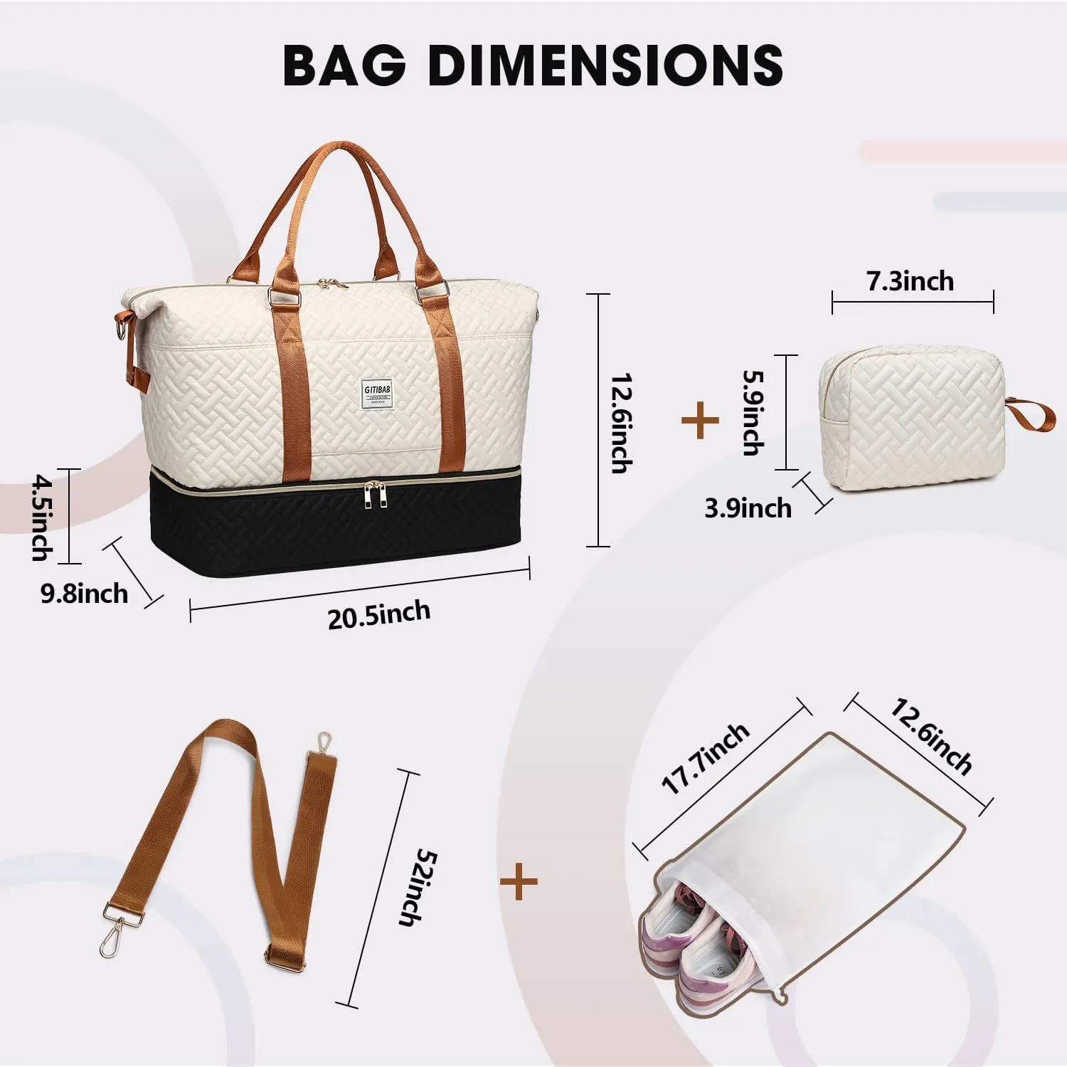 Duffle Bags for women,50L Quilted Travel Weekender Bag with Shoe Compartment, Large Carry On Overnight Tote Gym Bag
