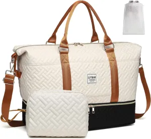 Duffle Bags for women,50L Quilted Travel Weekender Bag with Shoe Compartment, Large Carry On Overnight Tote Gym Bag