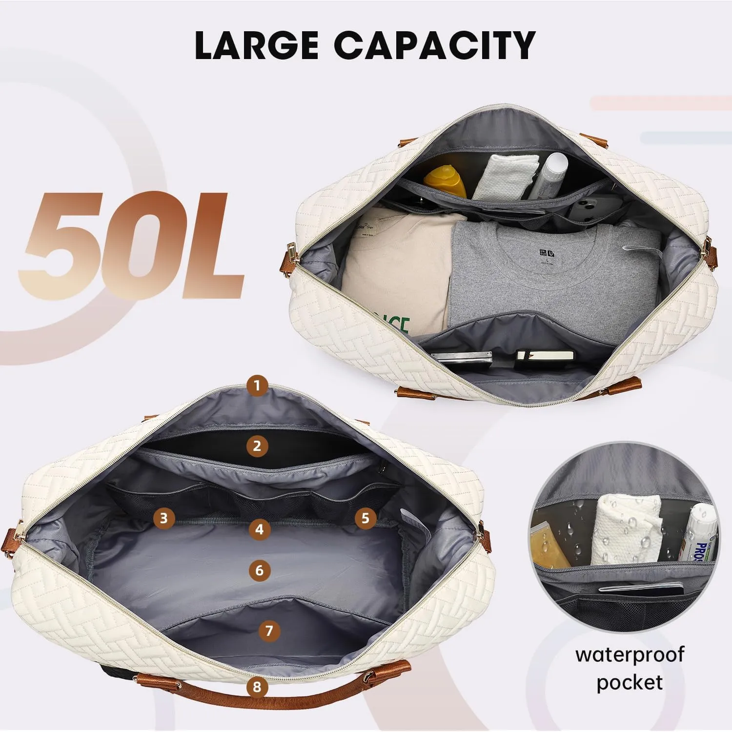 Duffle Bags for women,50L Quilted Travel Weekender Bag with Shoe Compartment, Large Carry On Overnight Tote Gym Bag