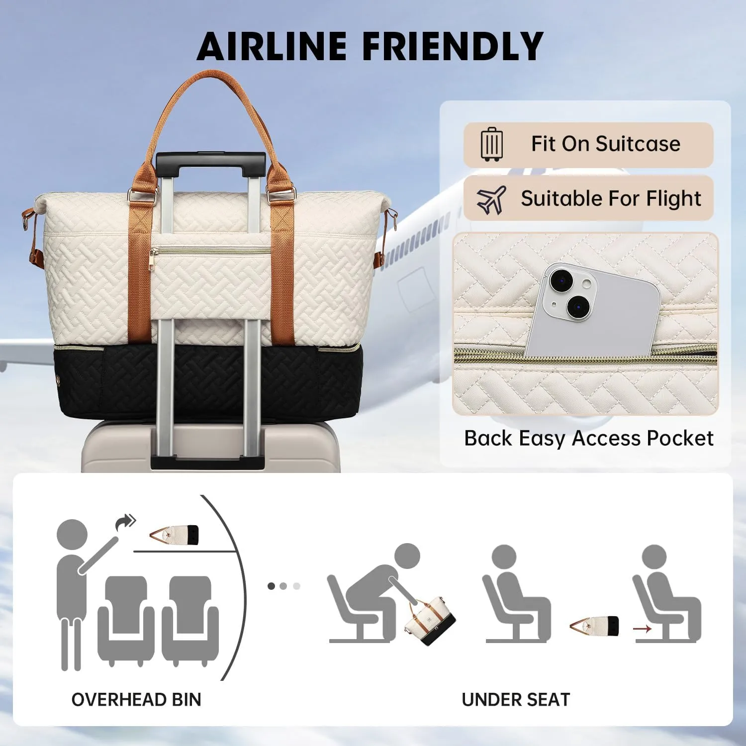 Duffle Bags for women,50L Quilted Travel Weekender Bag with Shoe Compartment, Large Carry On Overnight Tote Gym Bag