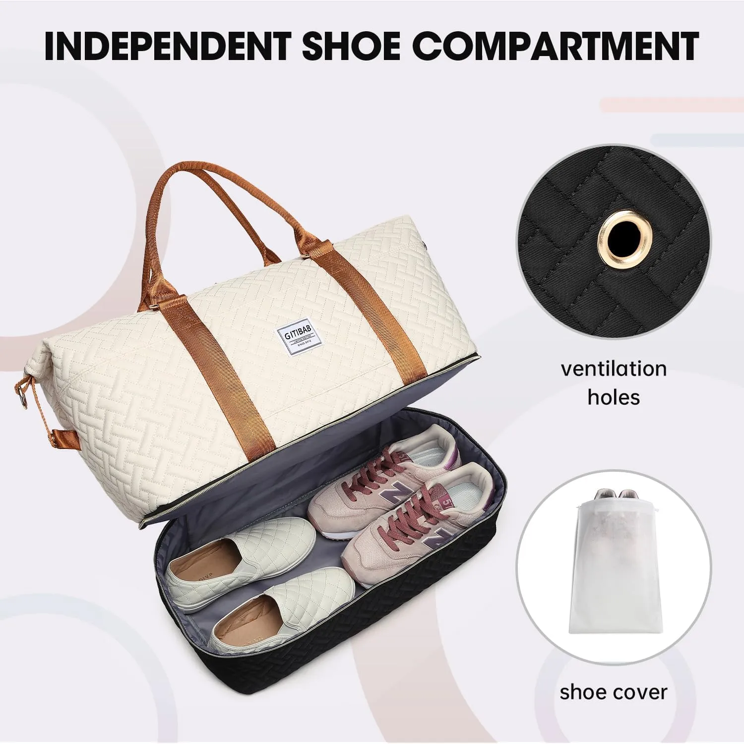 Duffle Bags for women,50L Quilted Travel Weekender Bag with Shoe Compartment, Large Carry On Overnight Tote Gym Bag
