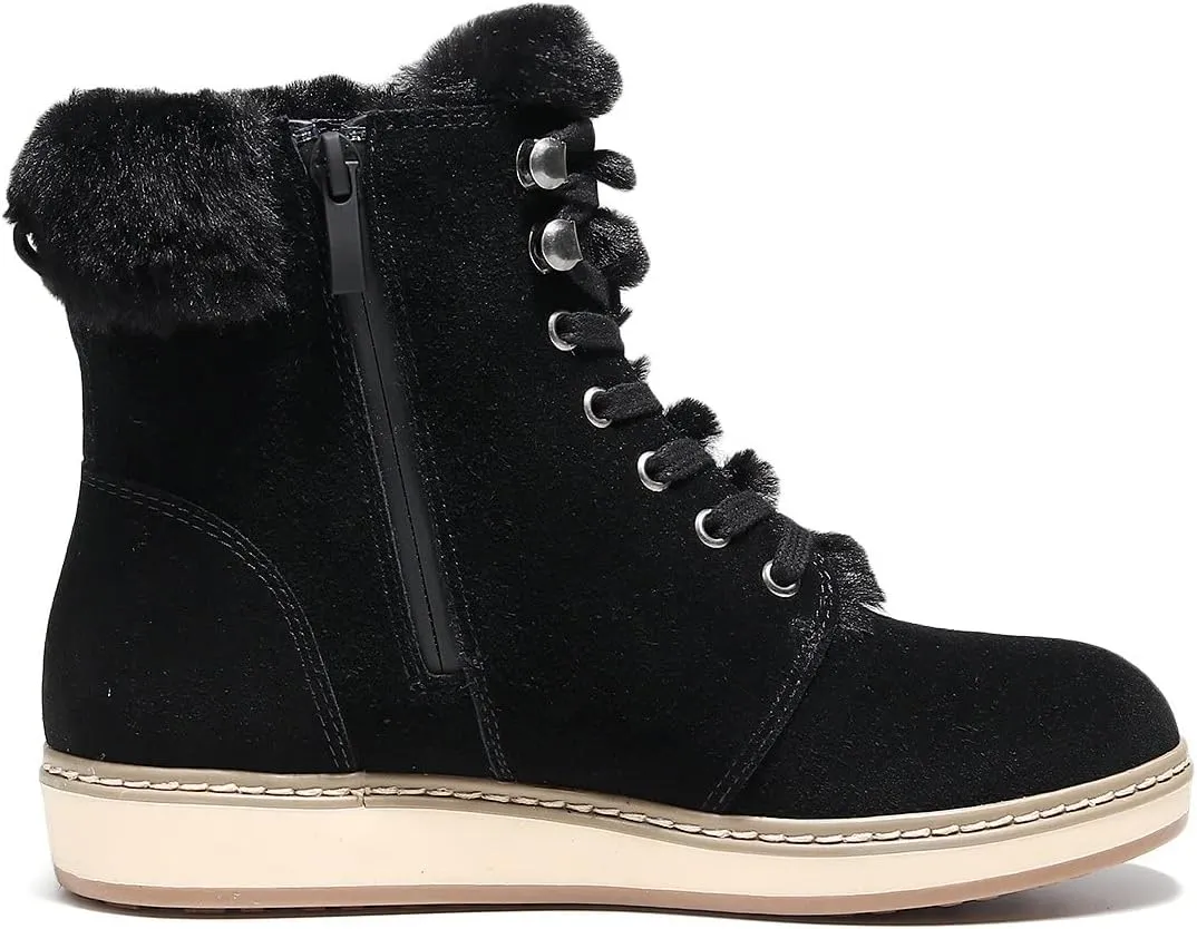 DUNION Doe Women's Waterproof Leather Ankle Round Toe Winter Boot Lace Up Padded Collar Sneaker Casual Bootie