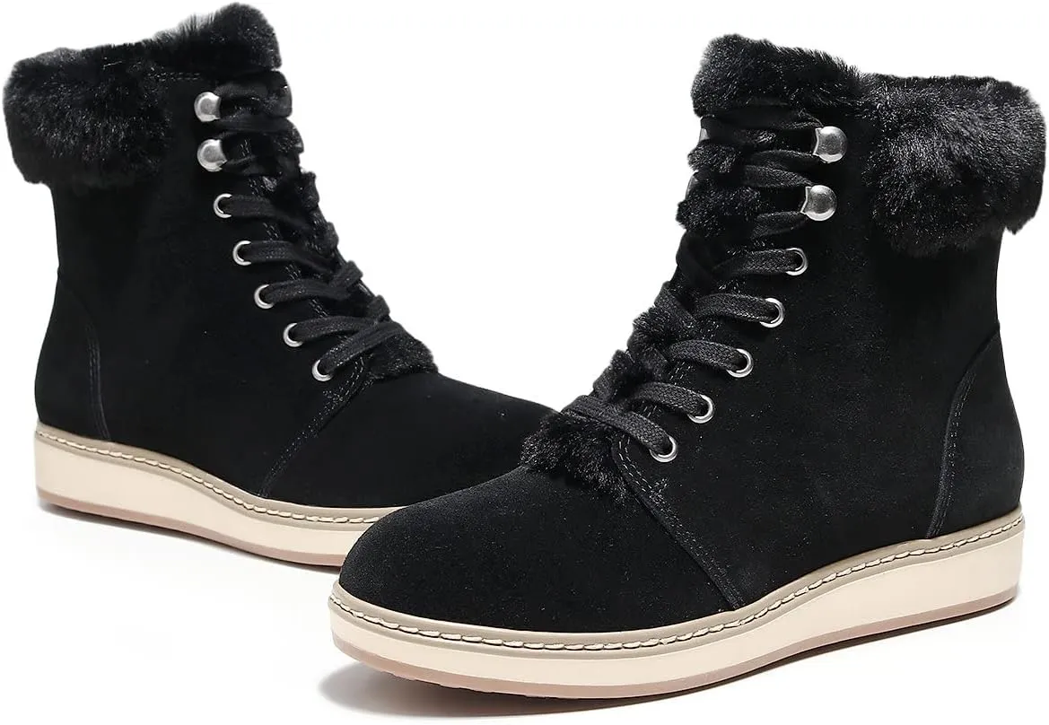 DUNION Doe Women's Waterproof Leather Ankle Round Toe Winter Boot Lace Up Padded Collar Sneaker Casual Bootie