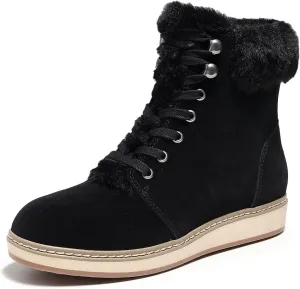 DUNION Doe Women's Waterproof Leather Ankle Round Toe Winter Boot Lace Up Padded Collar Sneaker Casual Bootie