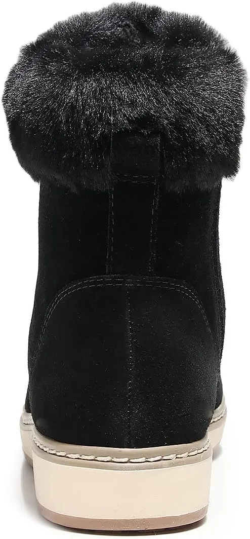 DUNION Doe Women's Waterproof Leather Ankle Round Toe Winter Boot Lace Up Padded Collar Sneaker Casual Bootie
