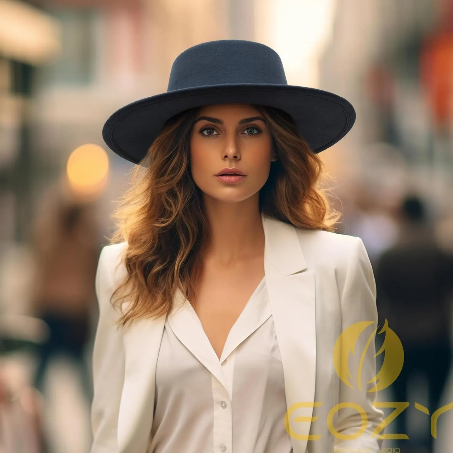 EOZY Women Men Classic Felt Fedora Hat Wide Brim Flat Top Jazz Panama Hat Casual Party Church Hat