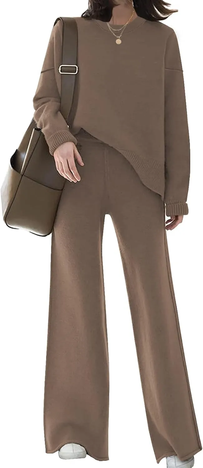 ETCYY NEW Womens Elegant Lounge Sets Knitted Sweatsuit Sets 2 Piece Outfits with Sweater Tops and Wide Leg Sweatpants