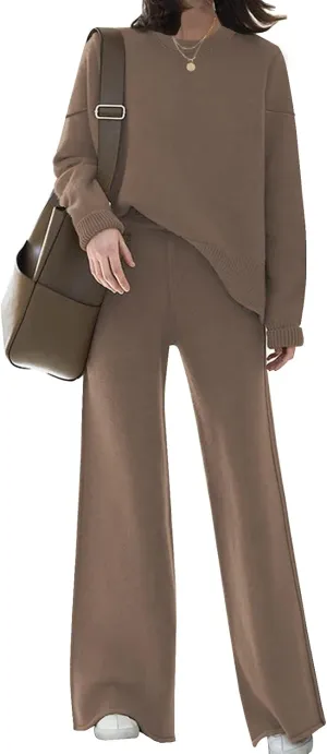 ETCYY NEW Womens Elegant Lounge Sets Knitted Sweatsuit Sets 2 Piece Outfits with Sweater Tops and Wide Leg Sweatpants