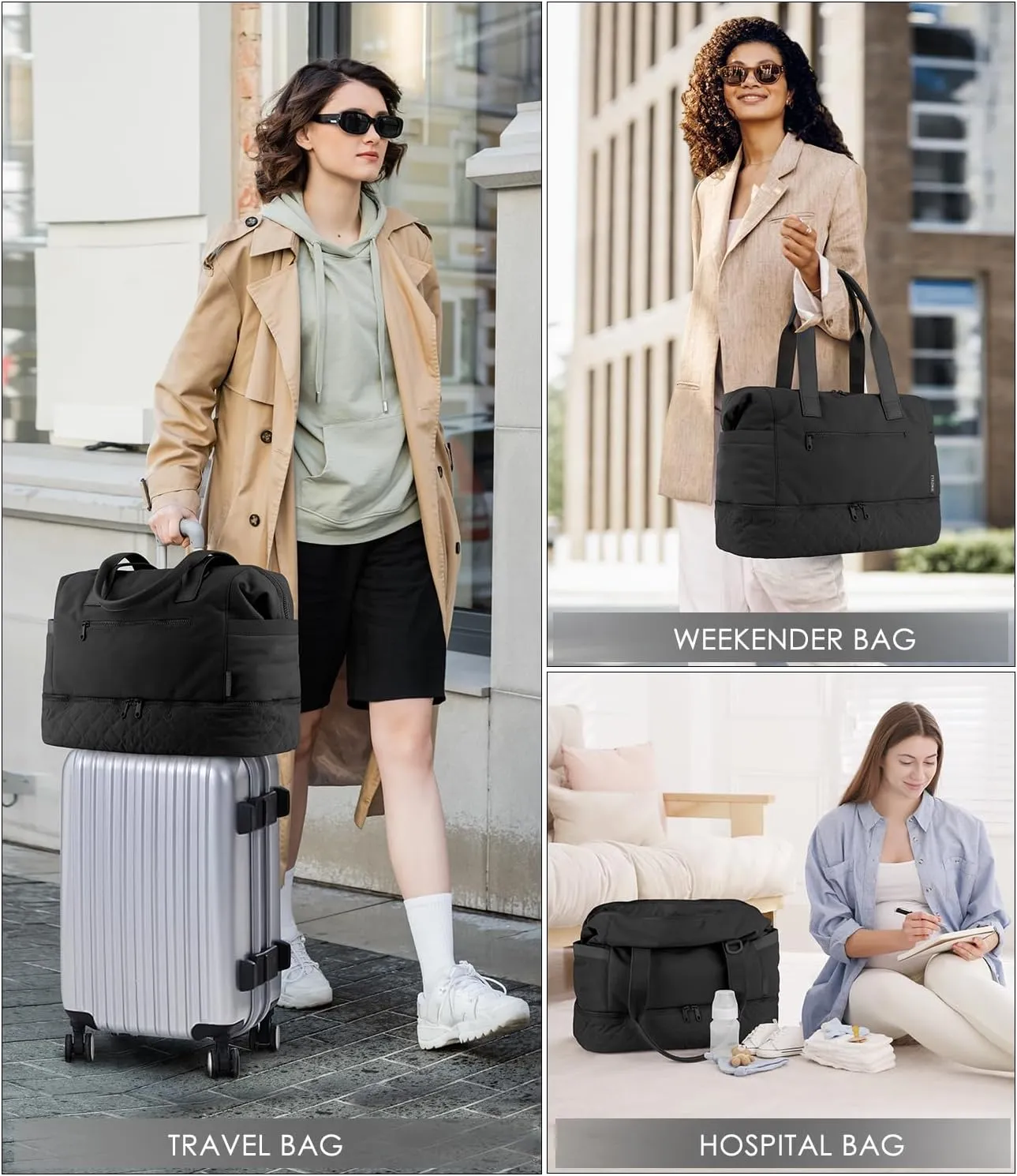 ETRONIK Weekender Bags for Women Travel, Personal Item Travel Bag with Shoe Compartment, Carry On Overnight Bag with Wet Pocket, Gym Duffel Bag for Travel, Sports, Weekend, Hospital Black