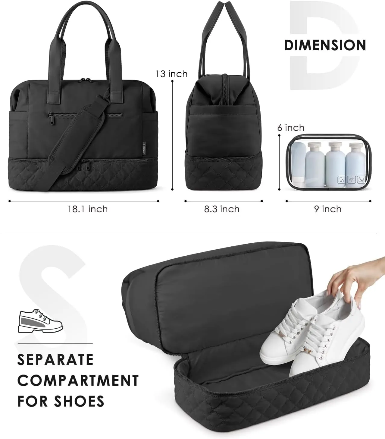 ETRONIK Weekender Bags for Women Travel, Personal Item Travel Bag with Shoe Compartment, Carry On Overnight Bag with Wet Pocket, Gym Duffel Bag for Travel, Sports, Weekend, Hospital Black
