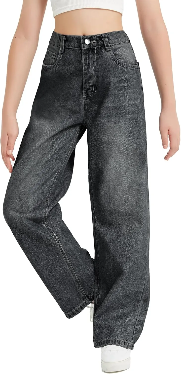 EXARUS Girls Jeans Wide Leg Cute Baggy Teen Denim Pants Mid Rise Elastic Band with Pockets Casual