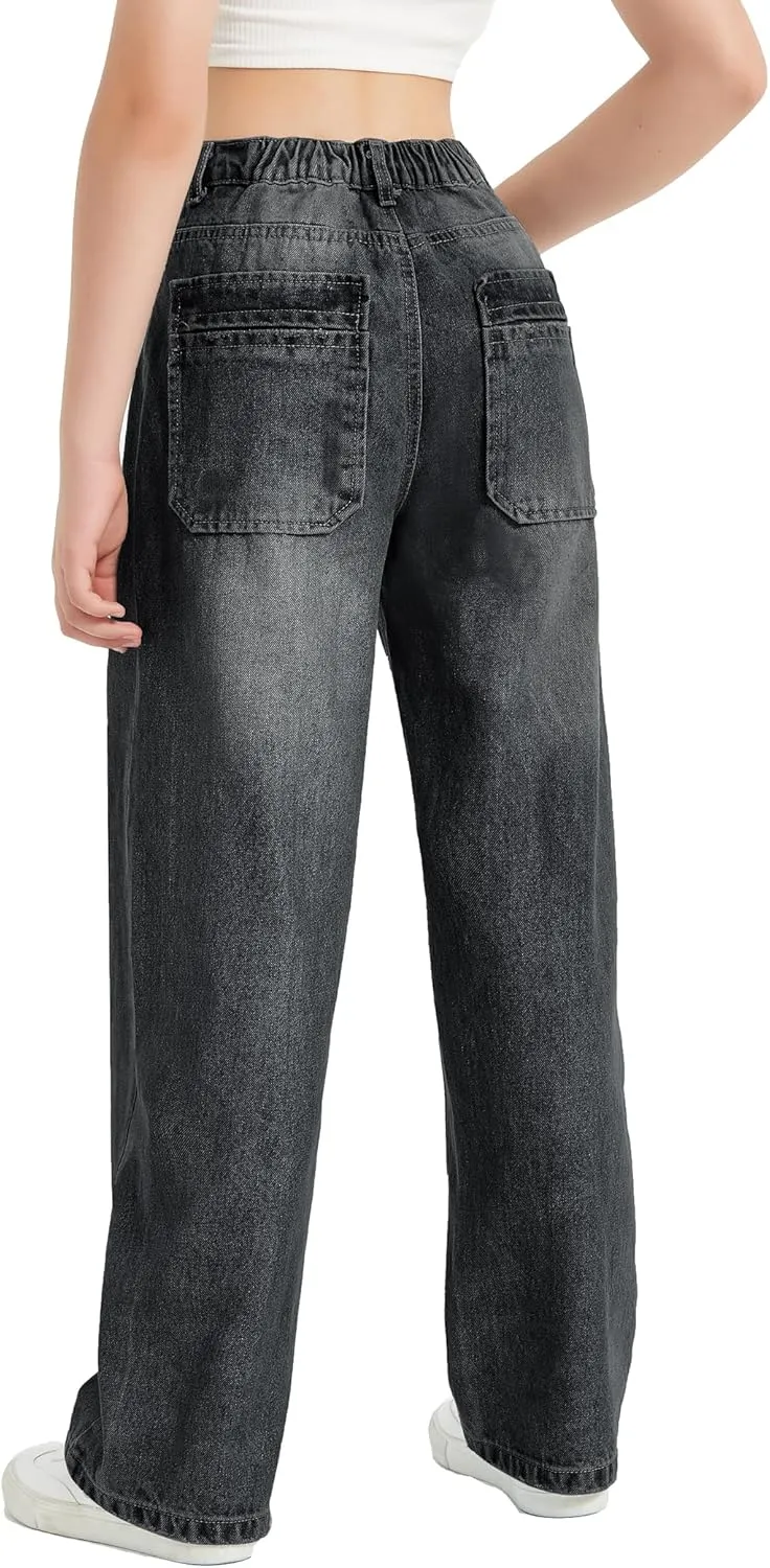 EXARUS Girls Jeans Wide Leg Cute Baggy Teen Denim Pants Mid Rise Elastic Band with Pockets Casual