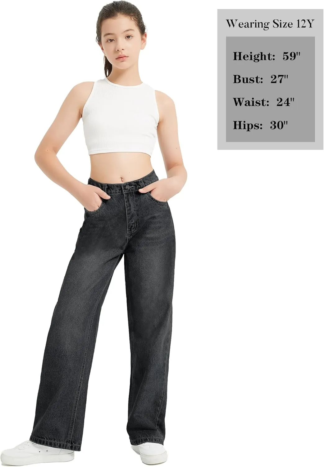 EXARUS Girls Jeans Wide Leg Cute Baggy Teen Denim Pants Mid Rise Elastic Band with Pockets Casual