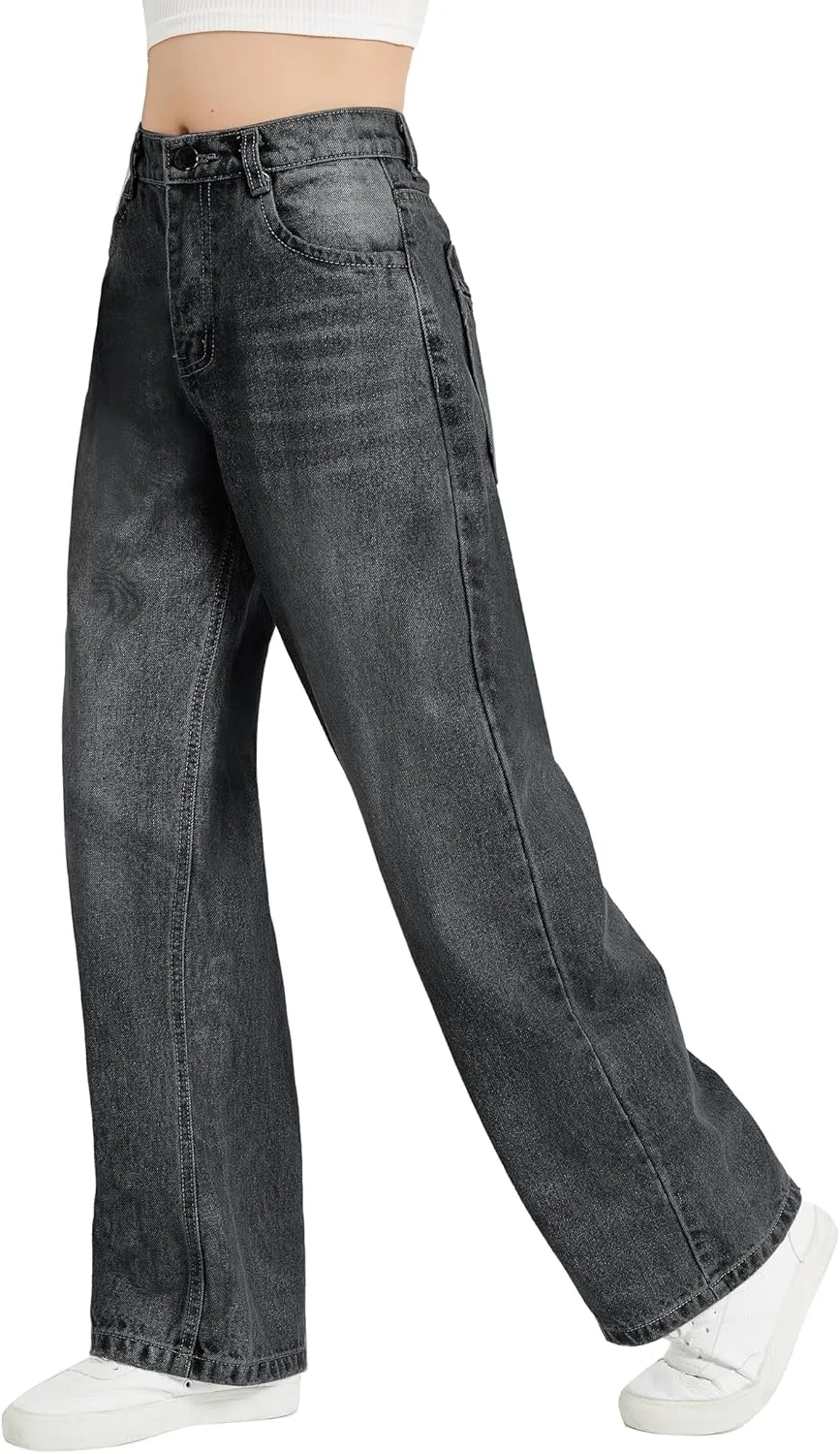 EXARUS Girls Jeans Wide Leg Cute Baggy Teen Denim Pants Mid Rise Elastic Band with Pockets Casual